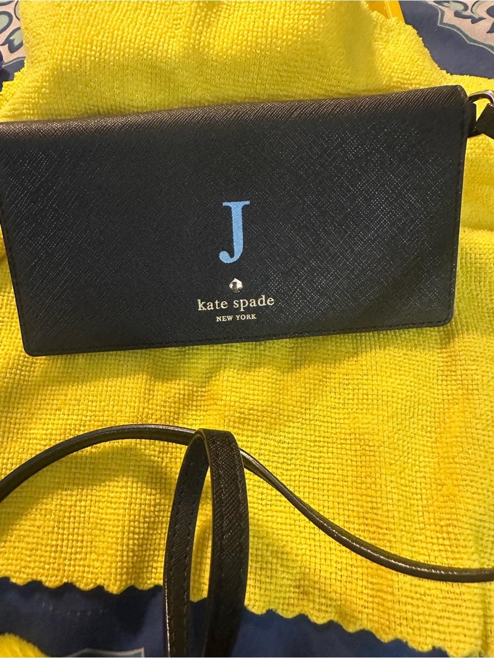 kate spade Black Crossbody Wallet with Blue Initial